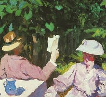 Morning Sunshine by Ferenczky.  An early 19th century bourgeoisie couple sits at a table in the bright sunshine.  It has been cruelly cut-up in a manner unbefitting a work of art of its stature.